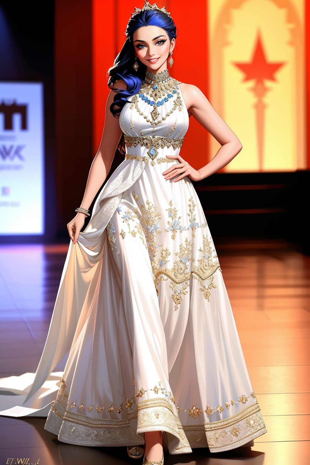 06351-2425568600-((Masterpiece, best quality,edgQuality)),smile,smirk, _edgBW, a woman walking down a runway wearing a dress ,wearing edgBW fashi.png